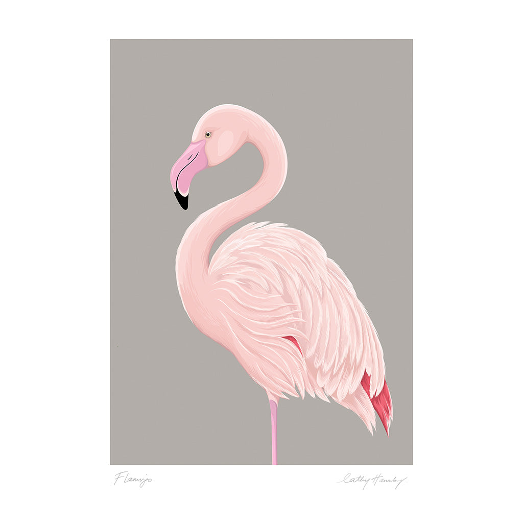 Pink flamingo illustration on a gray background