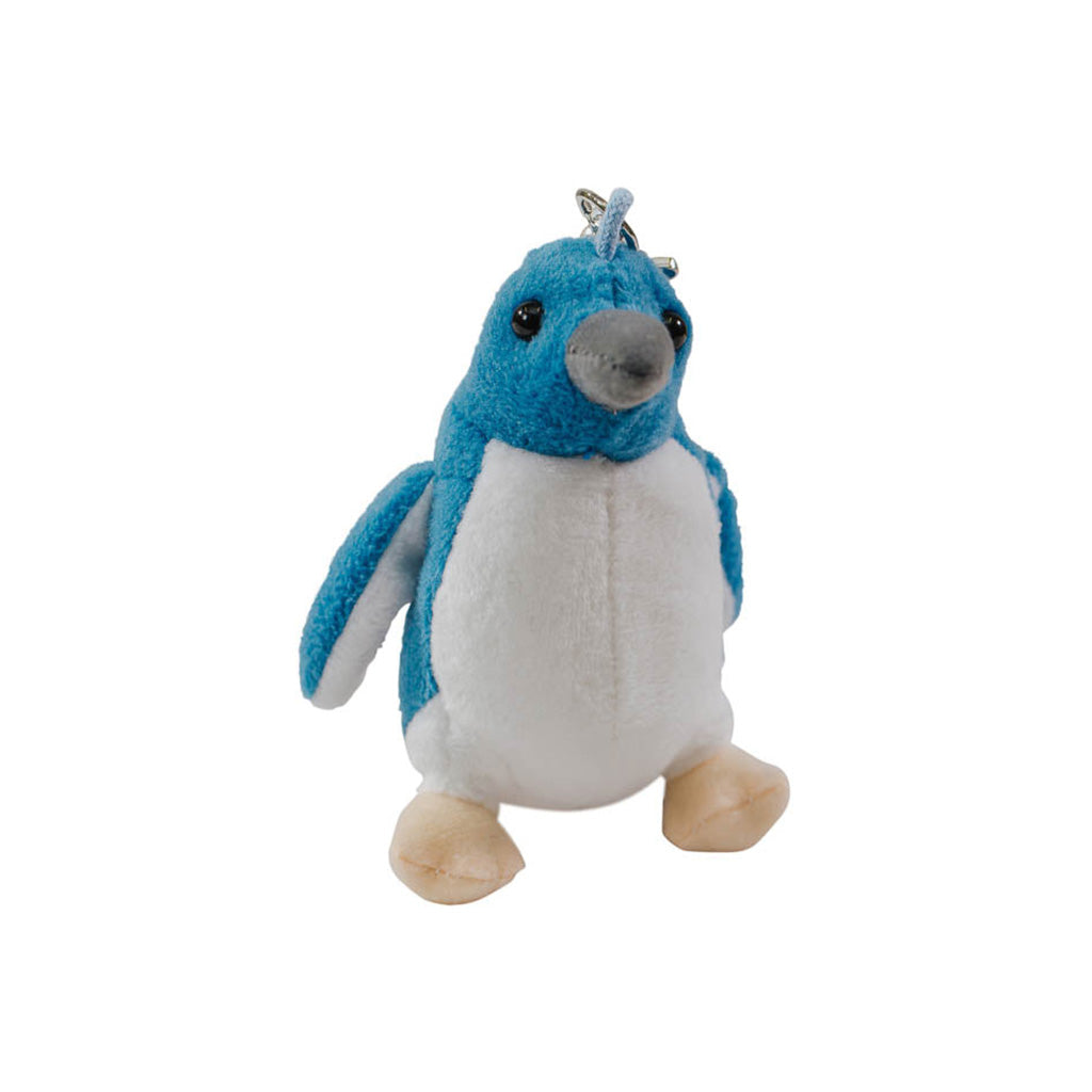 A white and blue soft toy Kororā or Blue Penguin with a Keyclip