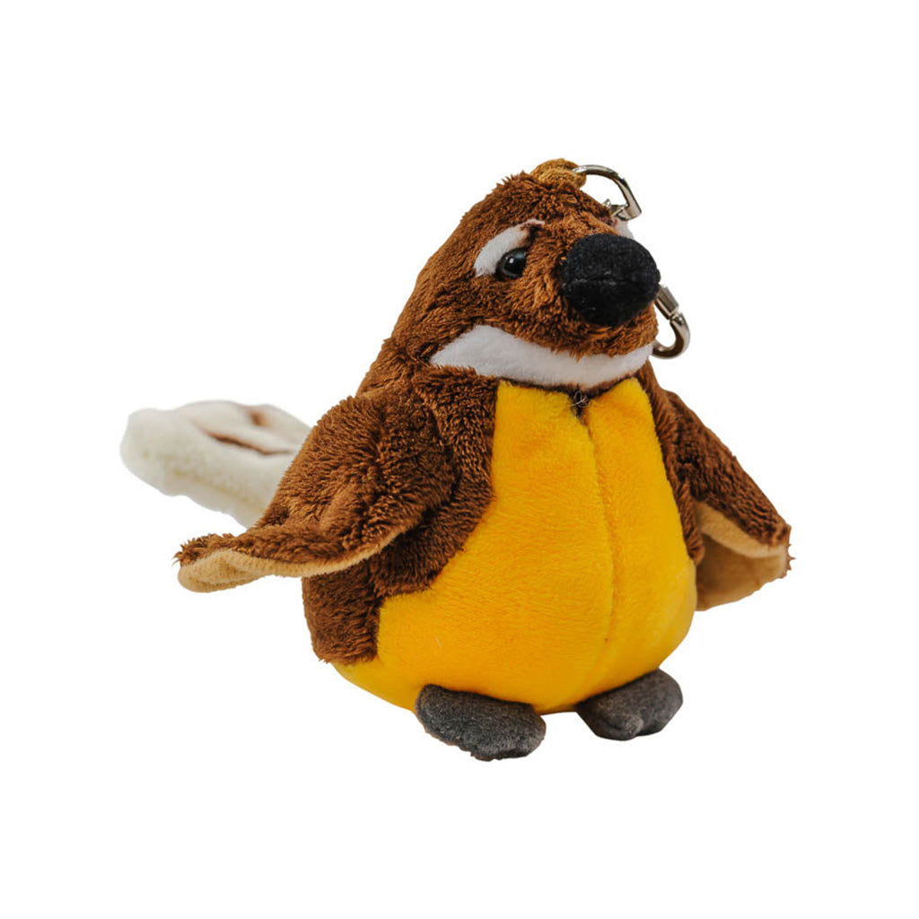A brown, yellow and white fantail soft toy with a keychain attached