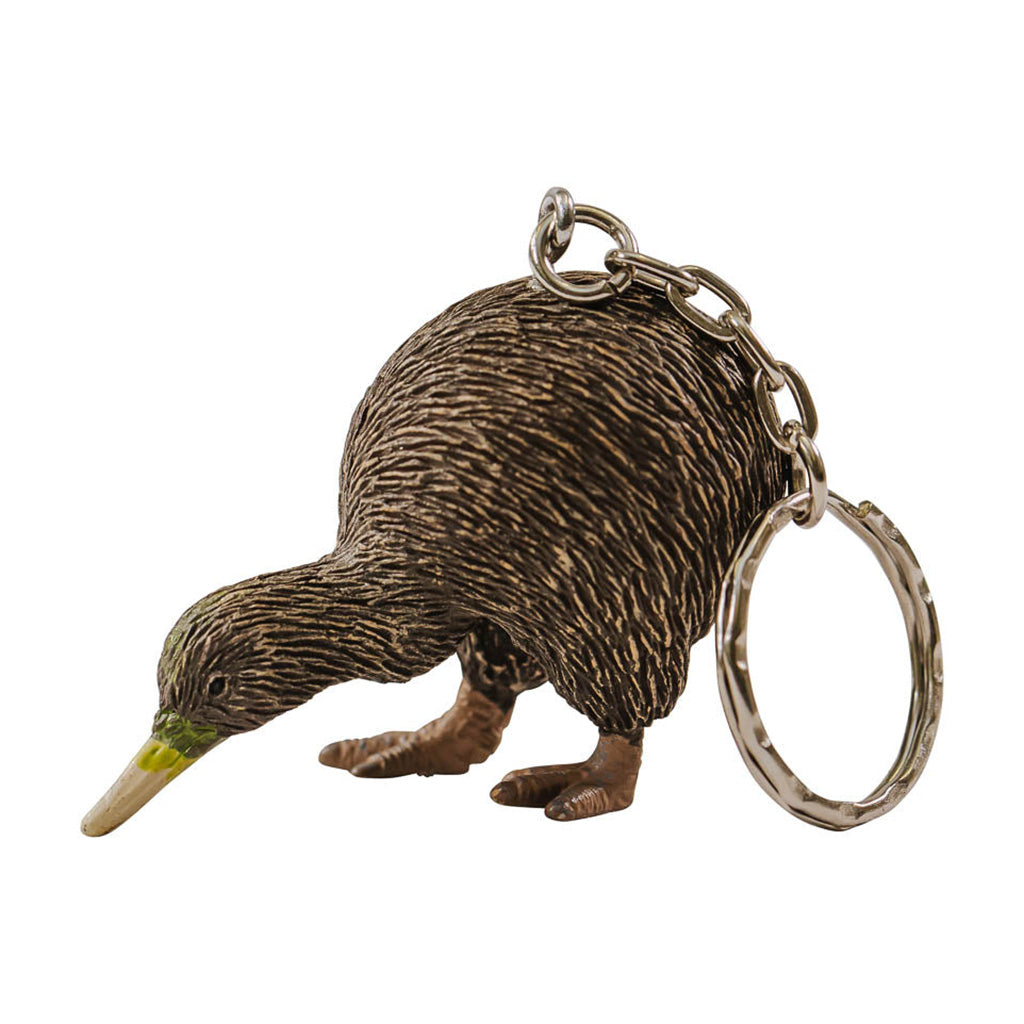 A brown kiwi with a chain and keyring attached