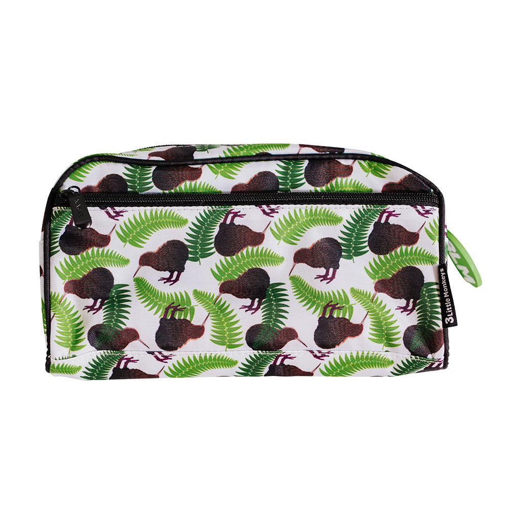 A pencil case with a pattern of kiwi and ferns and two zips