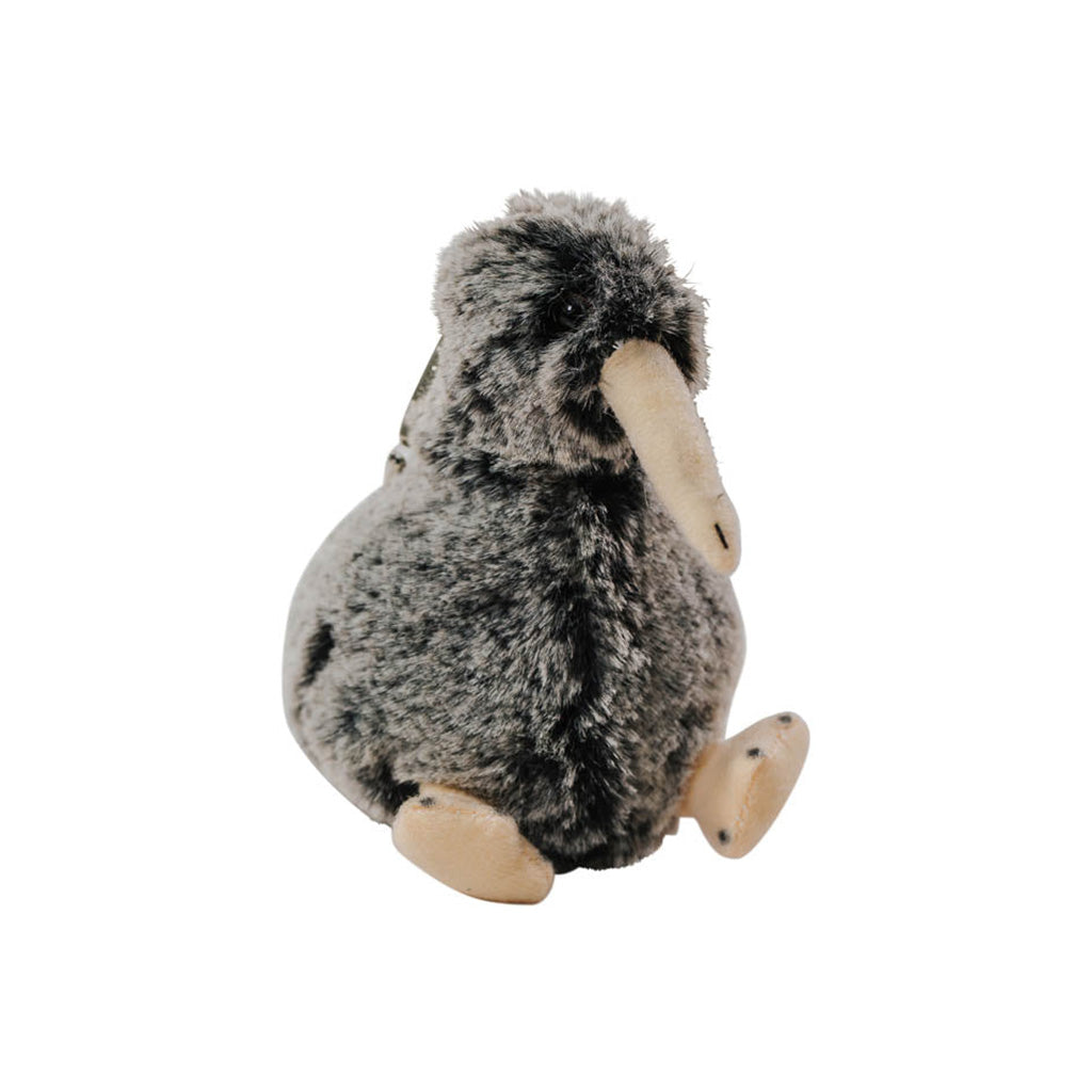 A plush toy of a spotted kiwi keyclip, primarily gray in color with a soft texture, designed to be attached to keys or other items.