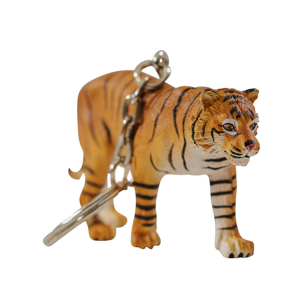 An orange plastic tiger with black stripes and a chain and keyring attached.