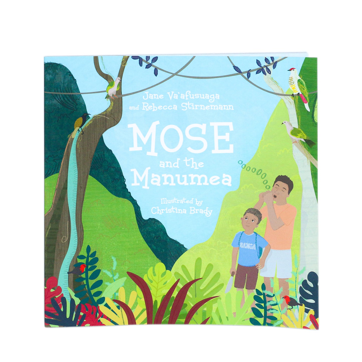 Cover of the children's picture book 'Mose and the Manumea' featuring colorful illustrations of the main characters Mose and Niko with a tropical forest background.