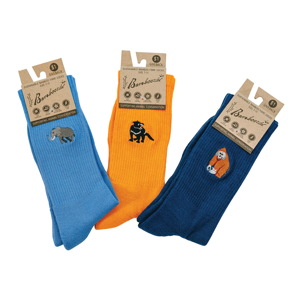 Elephant, Tasmanian Devil and Orangutan socks