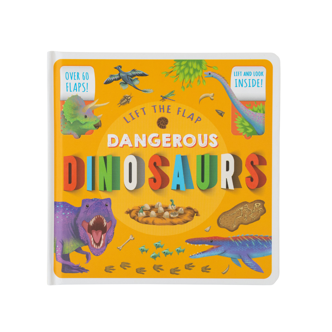 A board book titled 'Lift The Flap: Dangerous Dinosaurs' with colorful illustrations of various dinosaurs on the cover.