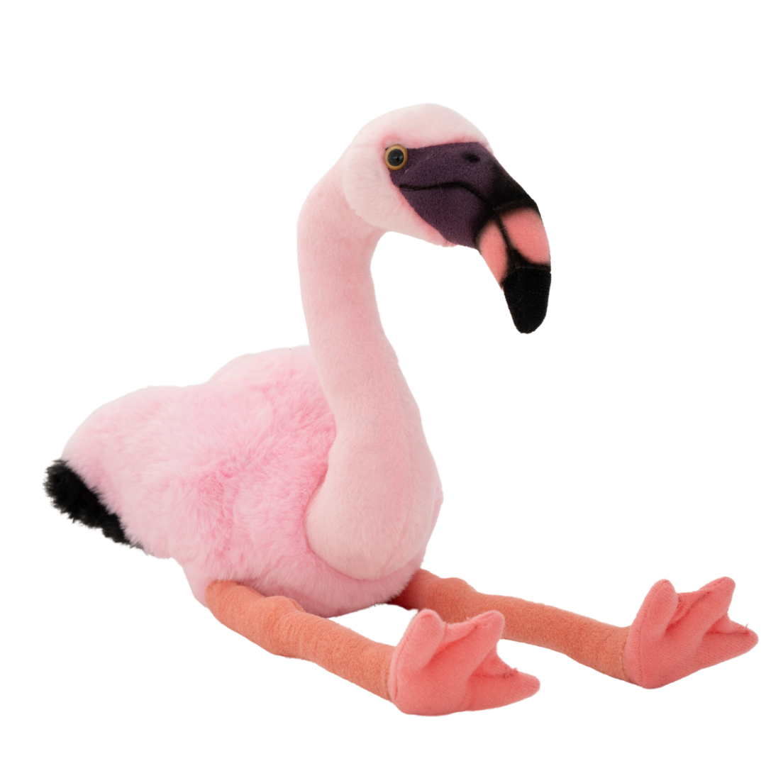 Plush flamingo toy on a white background