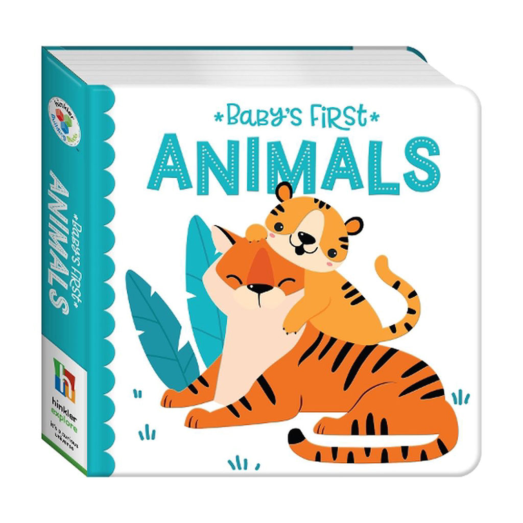 A board book titled 'Baby's First Animals' featuring bright illustrative art style with a tiger and her cub on the cover.