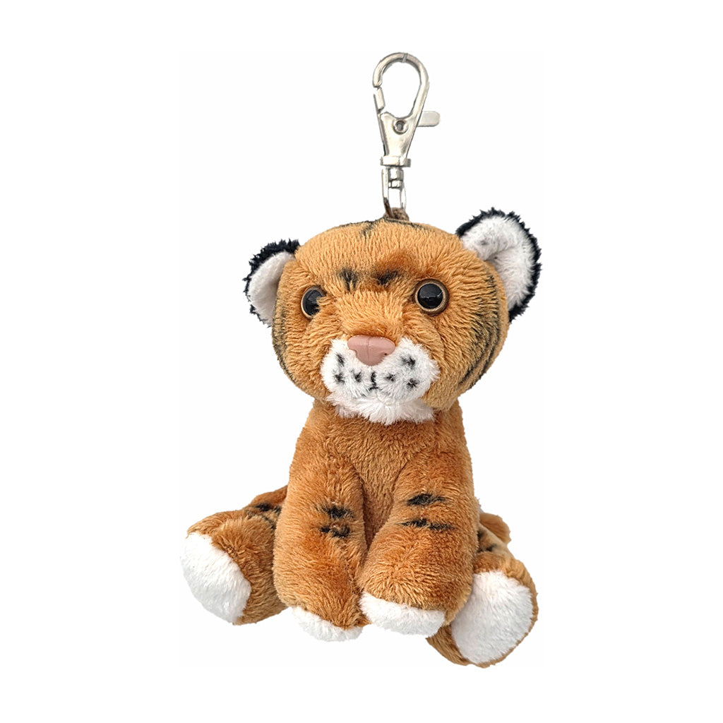 A plush toy clip in the shape of a young tiger with a keyring attachment.