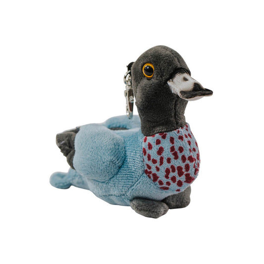 A plush keyclip in the shape of a blue duck with a speckled breast.