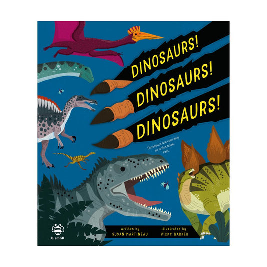 Cover of the book 'Dinosaurs! Dinosaurs! Dinosaurs!' featuring illustrations of various dinosaurs against a blue background.