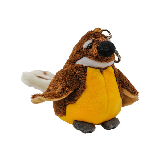 A brown, yellow and white fantail soft toy with a keychain attached