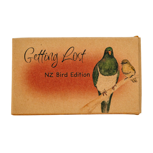 Packaging for 'Getting Lost the New Zealand Bird Edition' card game, featuring text and illustrations of birds.