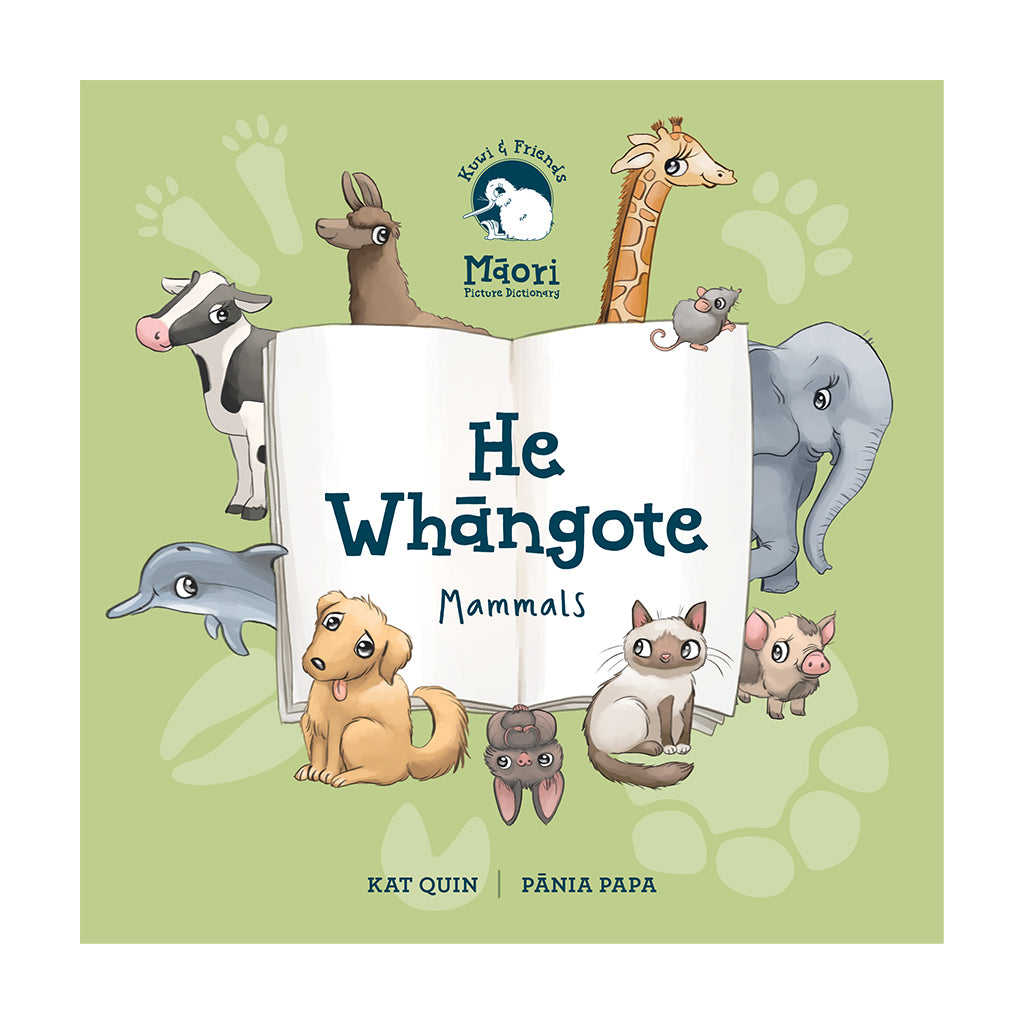 Children's book cover titled 'He Whângote Mammals' featuring illustrated mammals around an open book on a light green background. 