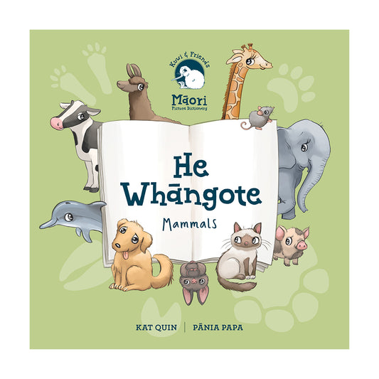 Children's book cover titled 'He Whângote Mammals' featuring illustrated mammals around an open book on a light green background. 