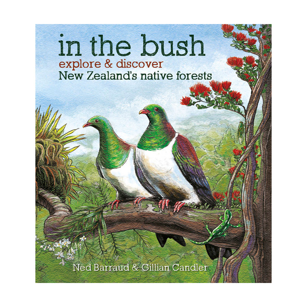 Book cover of 'In The Bush' featuring an illustration of two birds on a branch with green foliage and red flowers in the background.