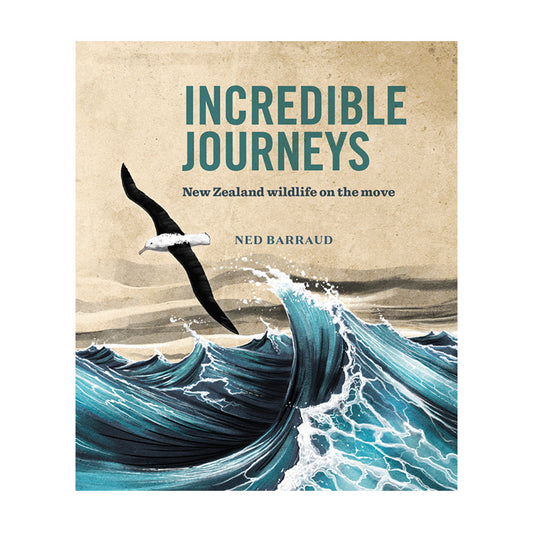 Book cover of 'Incredible Journeys: New Zealand Wildlife on the Move' featuring an illustration of a bird in flight with a background of ocean waves.
