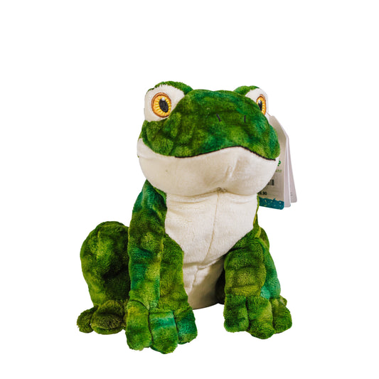 A green and white frog soft toy