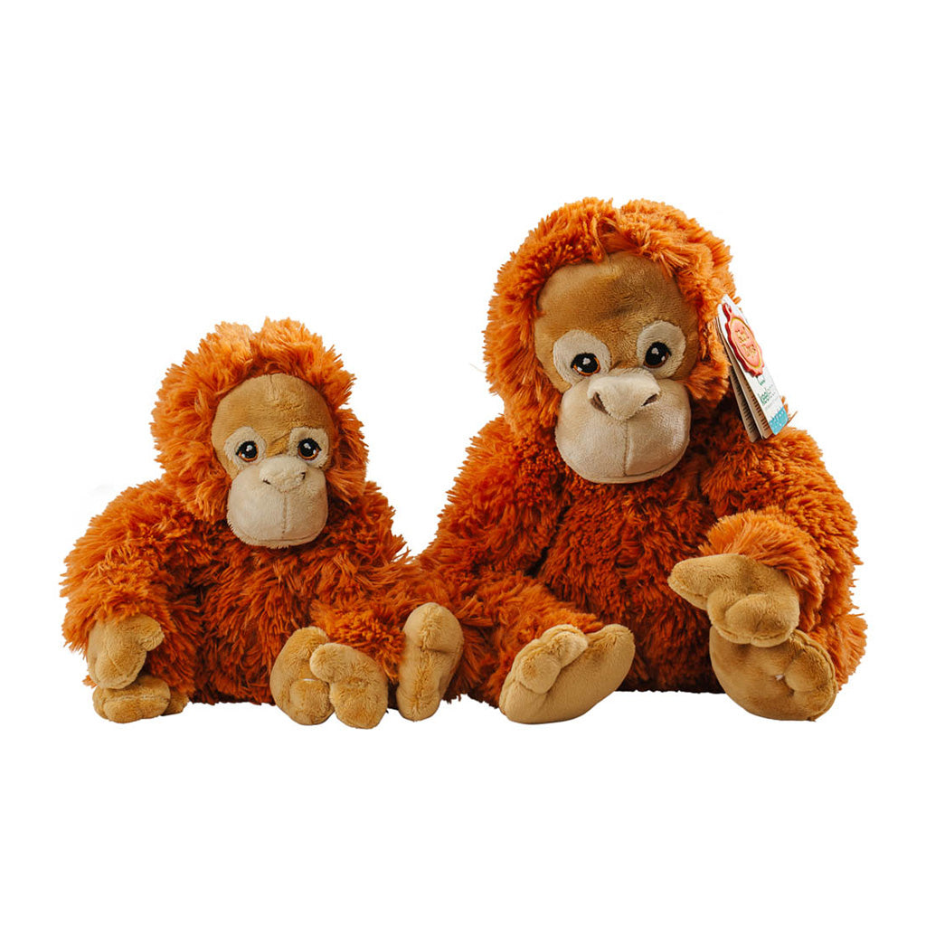 Two soft orangutan toys, one larger and one smaller, with orange fur and hanging tags.