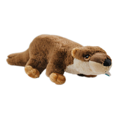 A plush toy resembling a brown otter, made from recycled materials with a label and cotton strings.