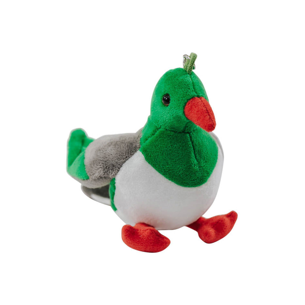 A plush keyclip in the shape of a bird with green, gray, white, and red colors