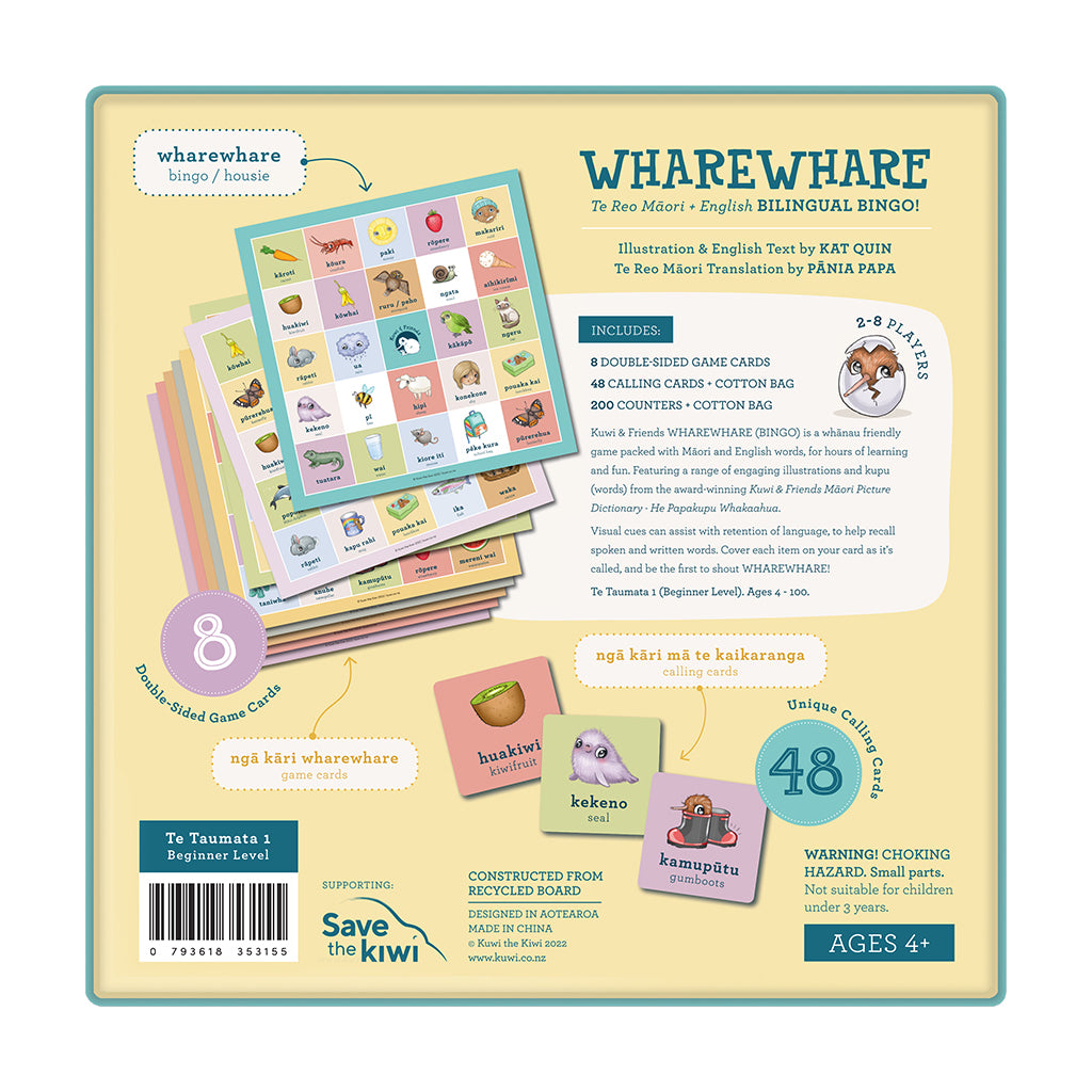 The back cover of the Whareware educational book package, showing the included double-sized green cards, calling cards, cotton bag, and sample cards on a pale yellow background with product details and age information.