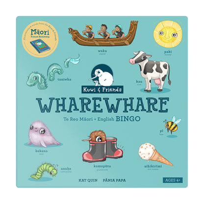 Front cover of the children's book 'Wharewhare' by Kat Quin and Pénia Papa, featuring a light blue background with colorful illustrations of Móri and English-themed concepts like a canoe, cow, sea creature, boot, ice cream cone, and bee.