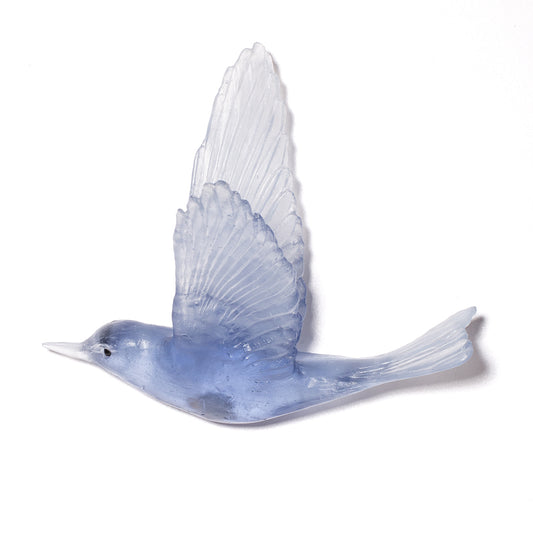 A translucent light blue glass bird sculpture or wall art piece shown in side profile against a plain white background.