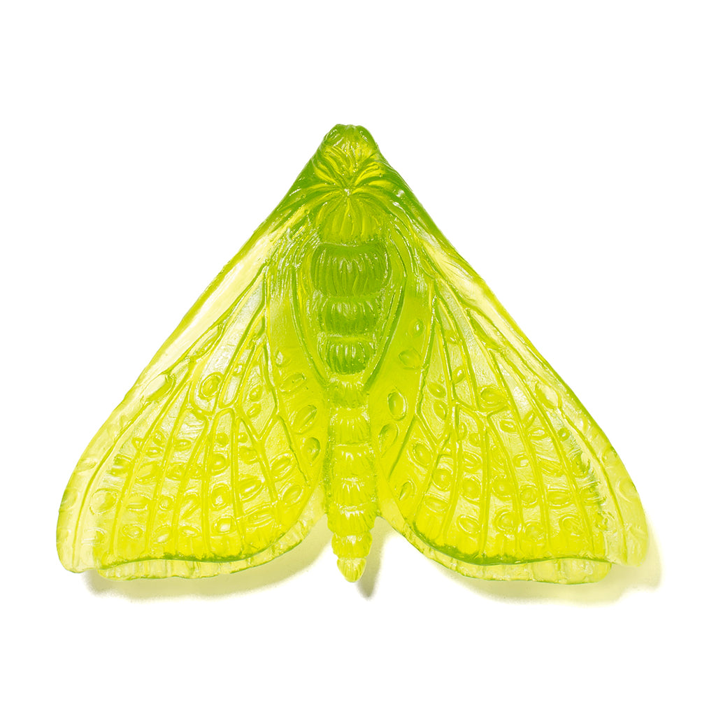 A translucent lime green moth-shaped glass decorative object, shown against a plain white background.