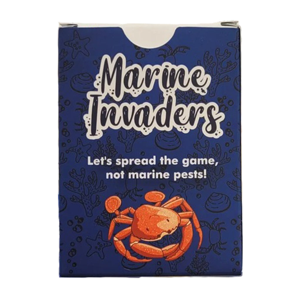 A boxed card game titled "Marine Invaders" on a dark blue box with white lettering, underwater doodles, and an orange crab illustration. The box is photographed against a plain white background.