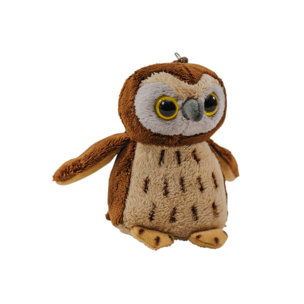 A plush keyclip in the shape of a morepork or ruru with brown, beige, and white fur.