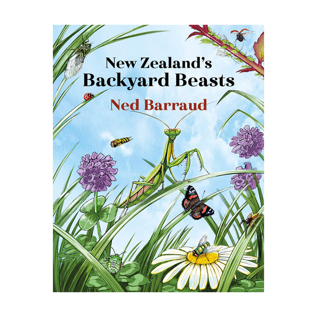 The cover of 'New Zealand's Backyard Beasts' featuring an illustration of a praying mantis and other insects on grass and flowers