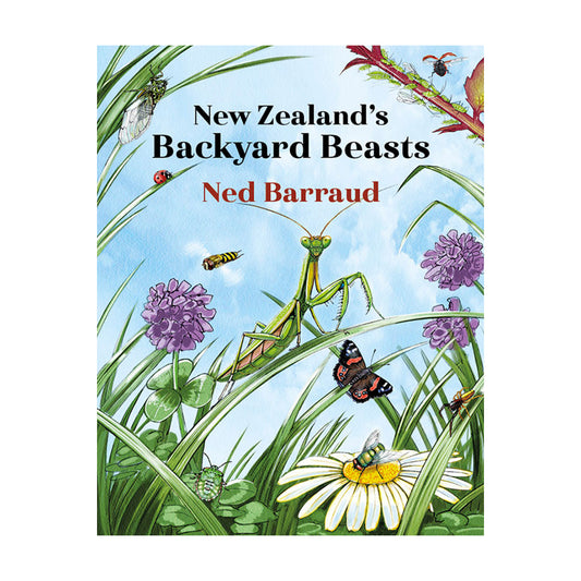 The cover of 'New Zealand's Backyard Beasts' featuring an illustration of a praying mantis and other insects on grass and flowers