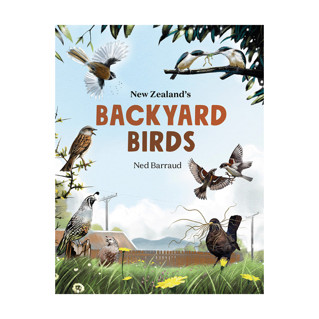 Book cover of 'New Zealand's Backyard Birds' featuring illustrations of various birds in a backyard setting.