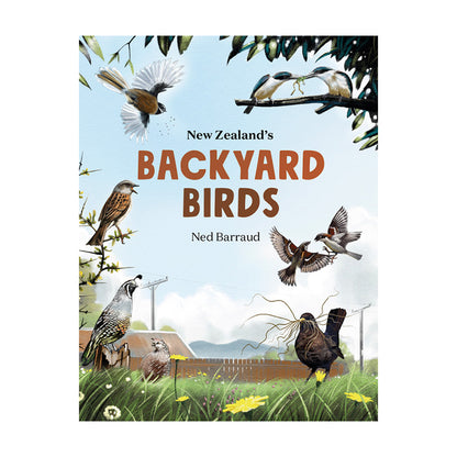 Book cover of 'New Zealand's Backyard Birds' featuring illustrations of various birds in a backyard setting.