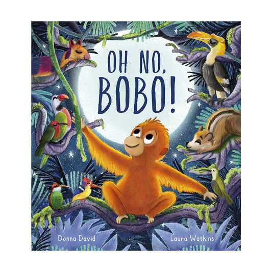 Book cover for 'Oh No, Bobo!' featuring an illustration of an orangutan and various jungle animals with a colorful backdrop.
