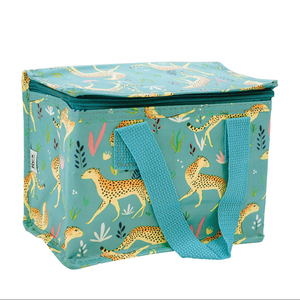 A multicolored Rex London insulated lunch bag with a cheetah print design, featuring carry handles.