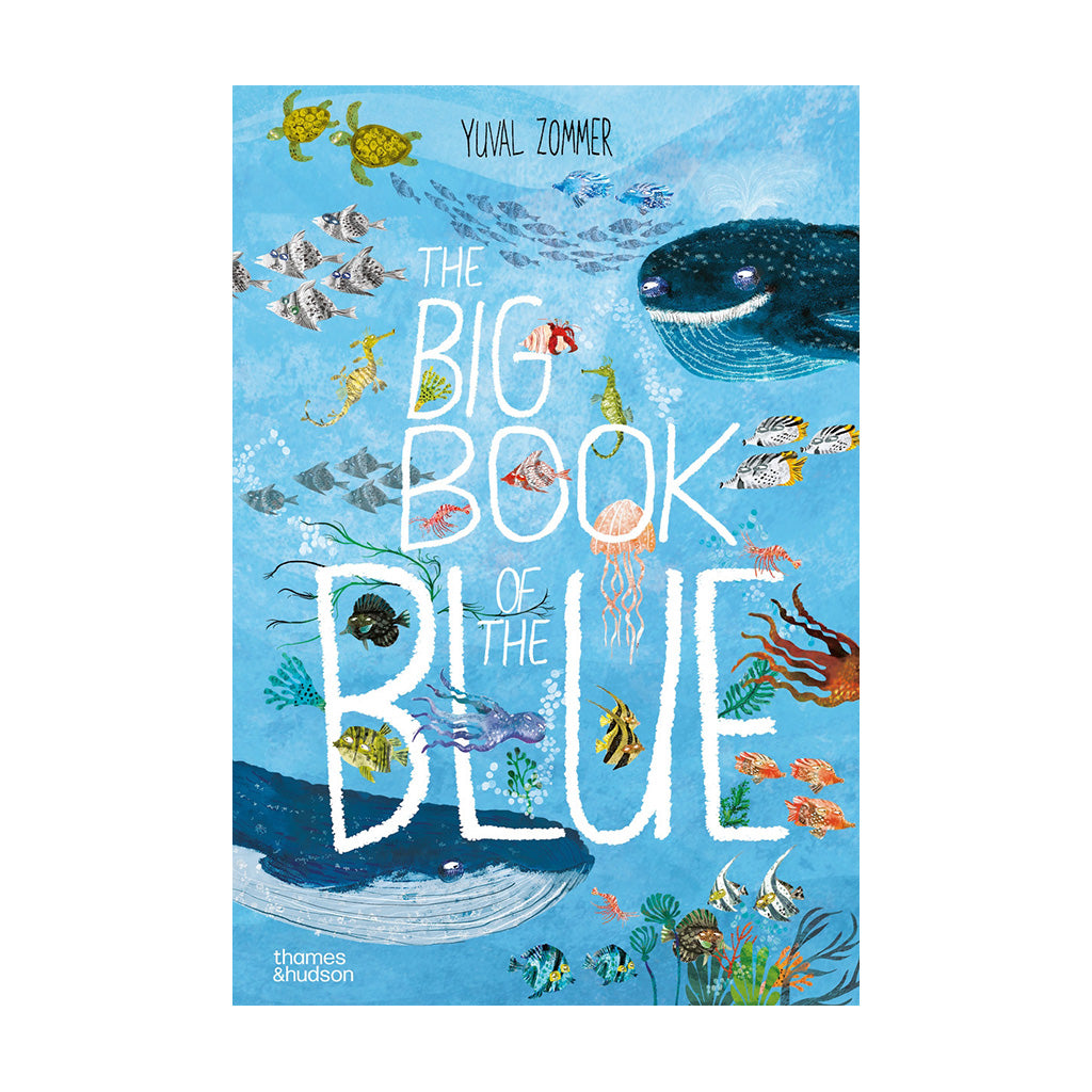 Cover of 'The Big Book of Blue' featuring illustrations of sea creatures including whales on a blue background.