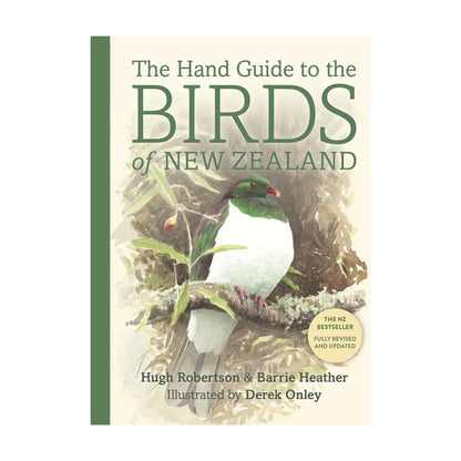 Cover of the book 'The Hand Guide to the Birds of New Zealand' featuring an illustration of a bird.