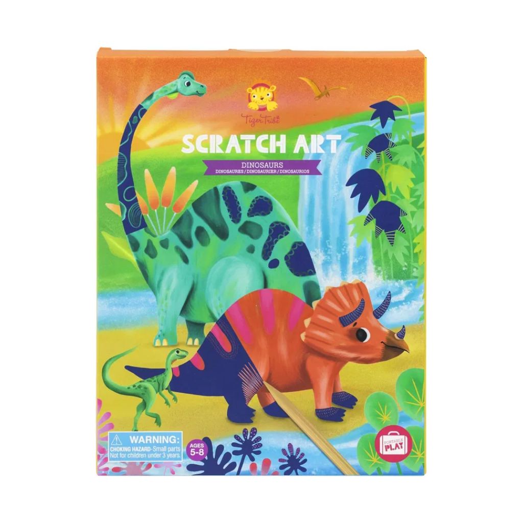 Packaging for Tiger Tribe Scratch Art Dinosaurs, featuring illustrations of colorful dinosaurs and includes 8 scratch art cards and 2 wooden etching tools.