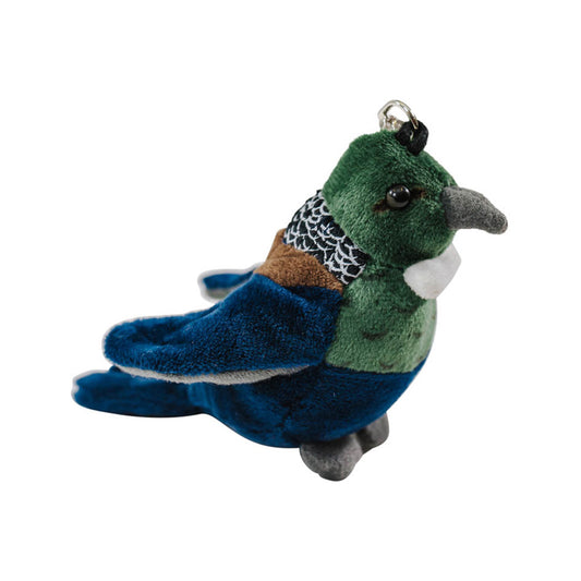 A soft toy tui that is coloured green and blue with a keyclip attached