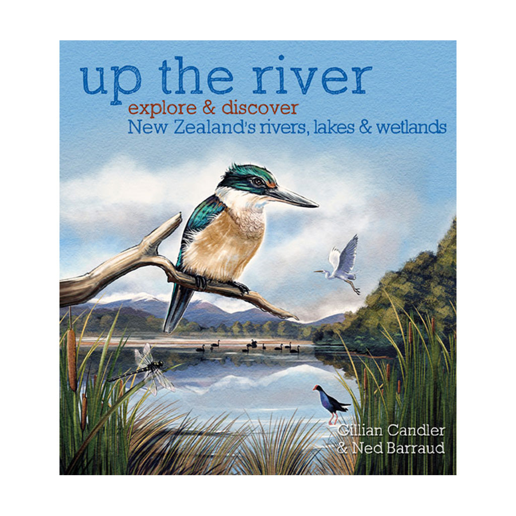Book cover of 'Up The River' featuring an illustration of a bird, presumably a kingfisher, perched on a branch with a scenic view of a river and mountains in the background.