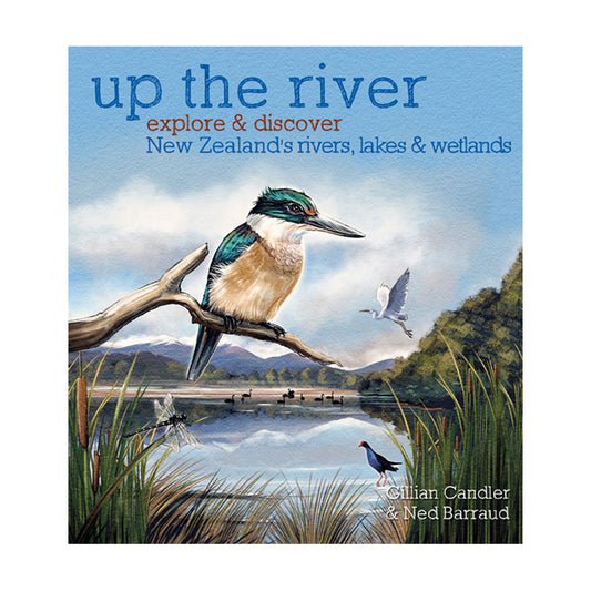 Book cover of 'Up The River' featuring an illustration of a bird, presumably a kingfisher, perched on a branch with a scenic view of a river and mountains in the background.