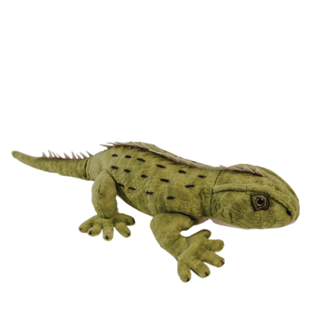 A plush toy resembling a tuatara, a species of lizard, in green color with a realistic design including spiky scales and a detailed face.