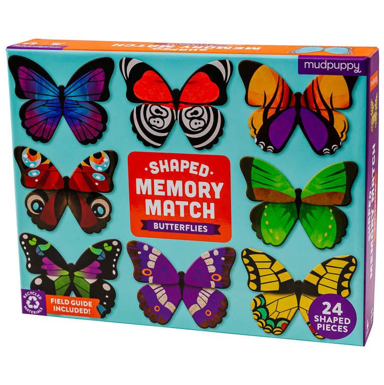 The box cover of the 'Butterflies Memory Match Game' with colourful butterfly illustrations on a teal background