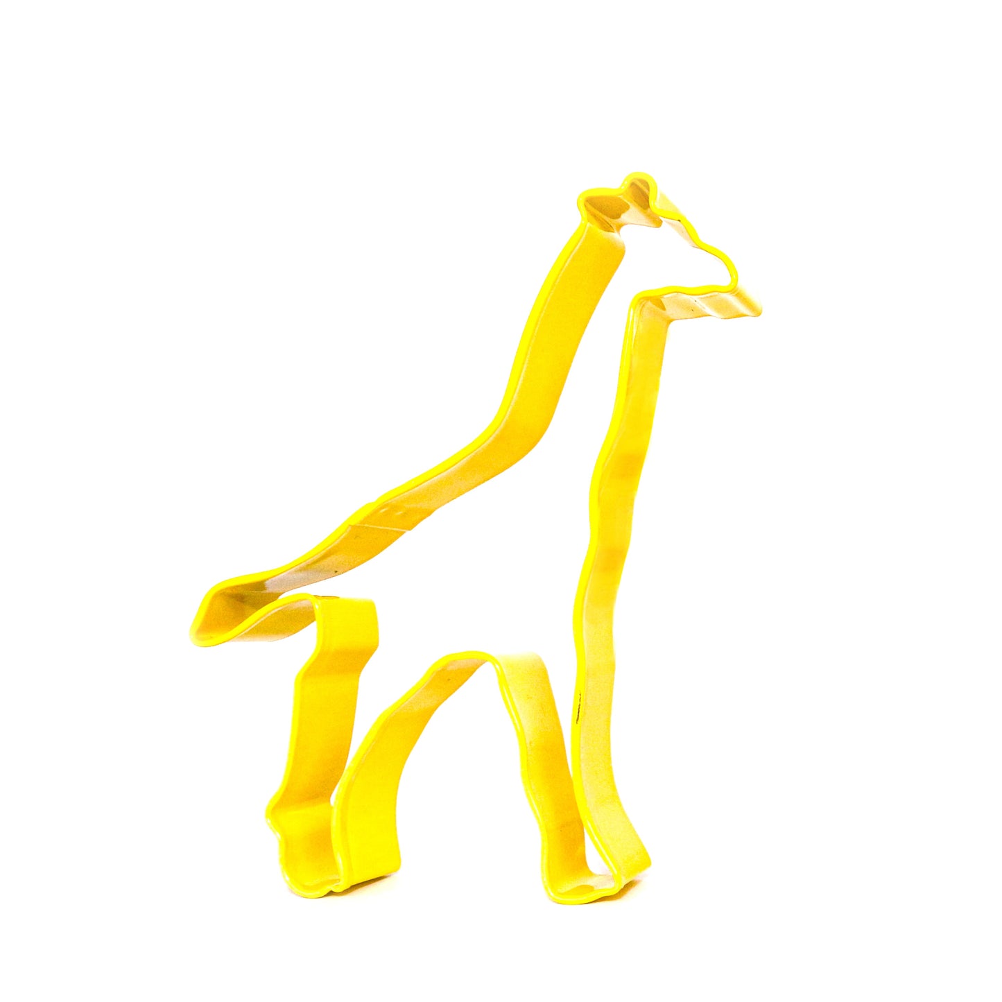 A yellow giraffe-shaped cookie cutter on a white background.