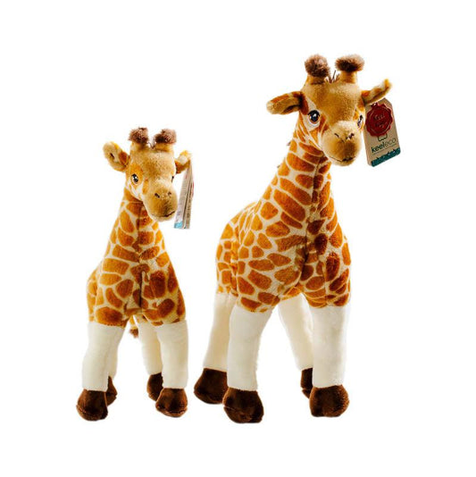 This picture shows two different sized Giraffe soft toys