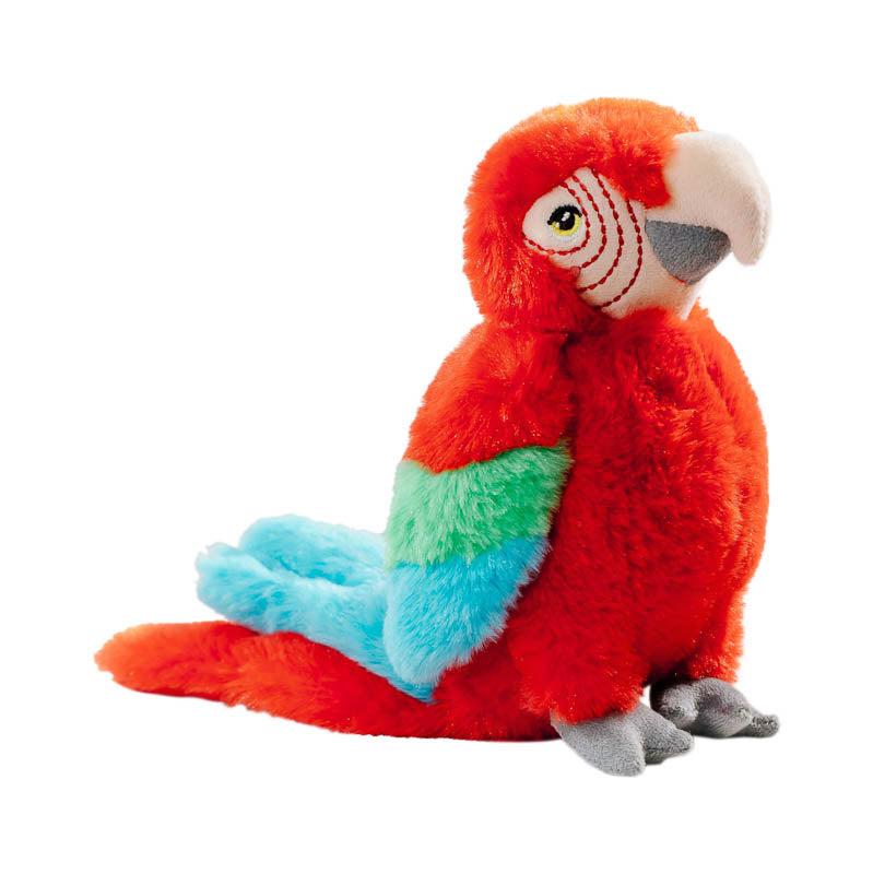 A red Scarlet Macaw soft toy with light blue and green wings