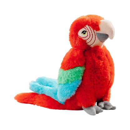 A red Scarlet Macaw soft toy with light blue and green wings