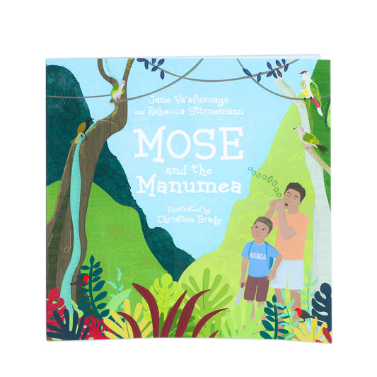 Cover of the children's picture book 'Mose and the Manumea' featuring colorful illustrations of the main characters Mose and Niko with a tropical forest background.